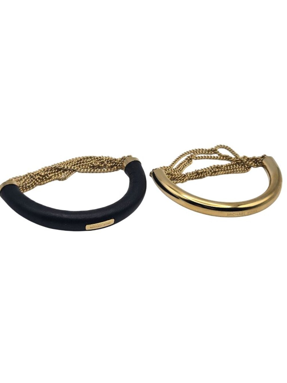 Michael Kors Gold Black Leather Chain Cuff Bracelets Set Of 2 Magnetic Closure